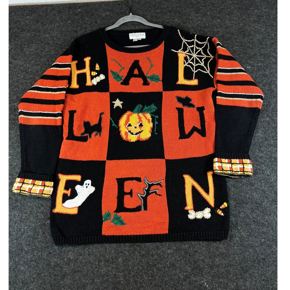 Vintage 90s Casual Corner Halloween Sweater Black Orange Embroidered Mens Medium